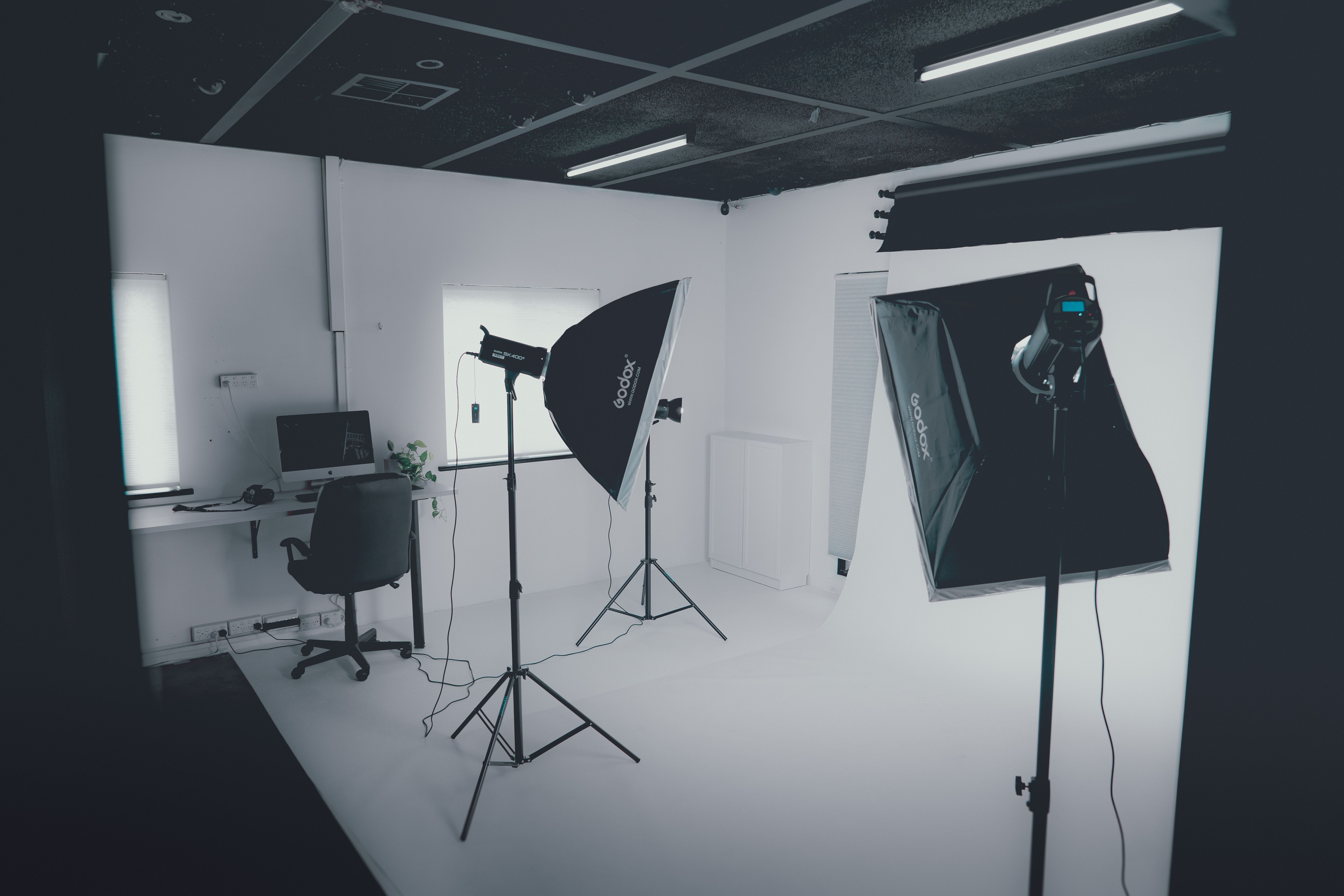 Empty studio set with backdrop and lighting